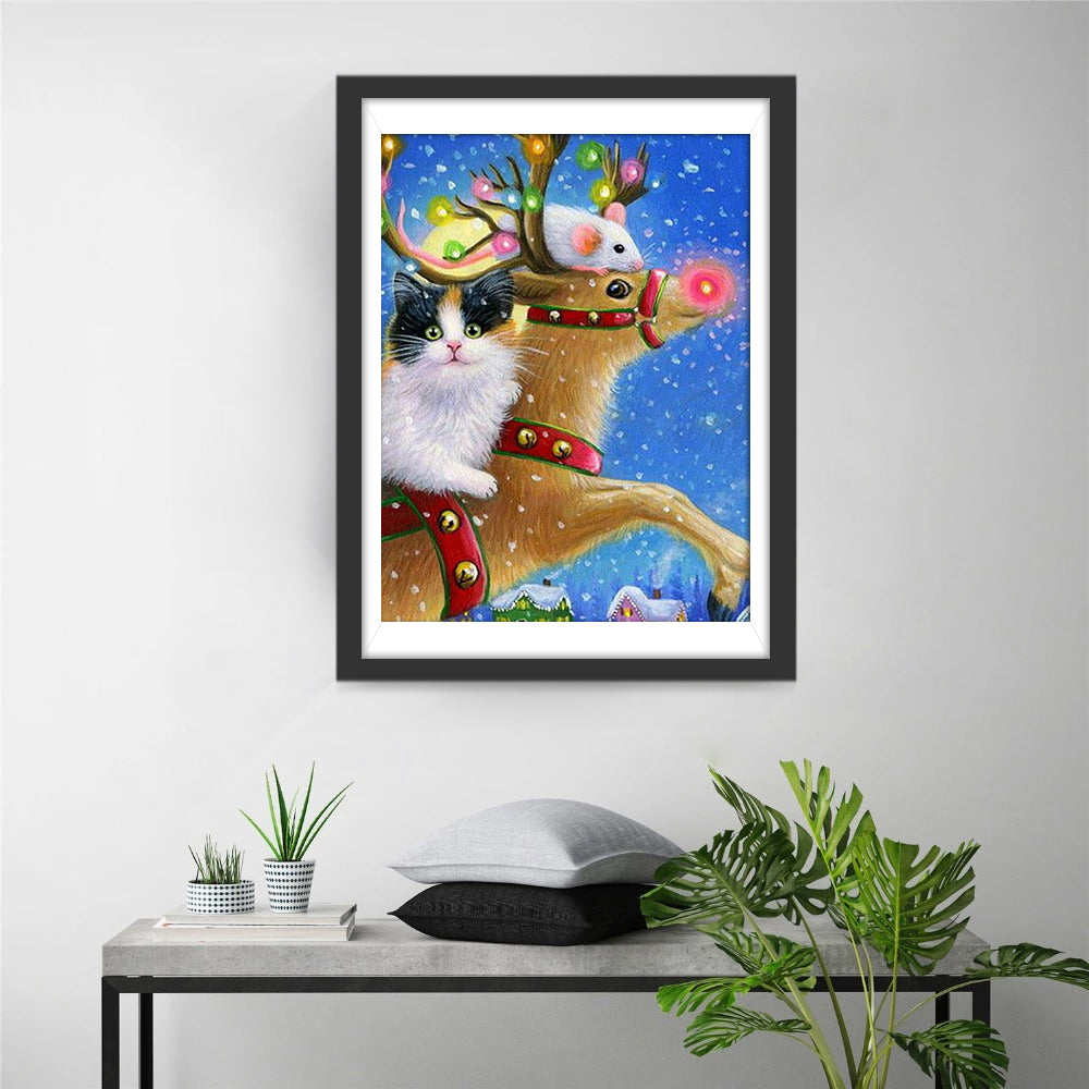 Kat, Muis op Rendier in Sneeuw Diamond Painting