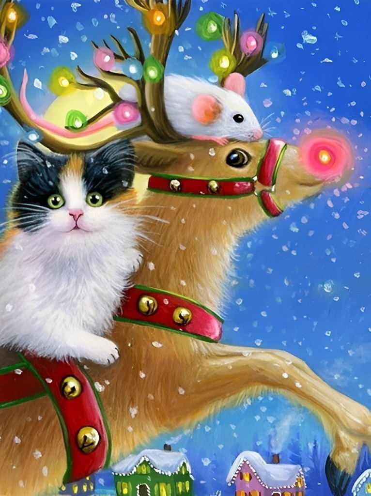 Kat, Muis op Rendier in Sneeuw Diamond Painting