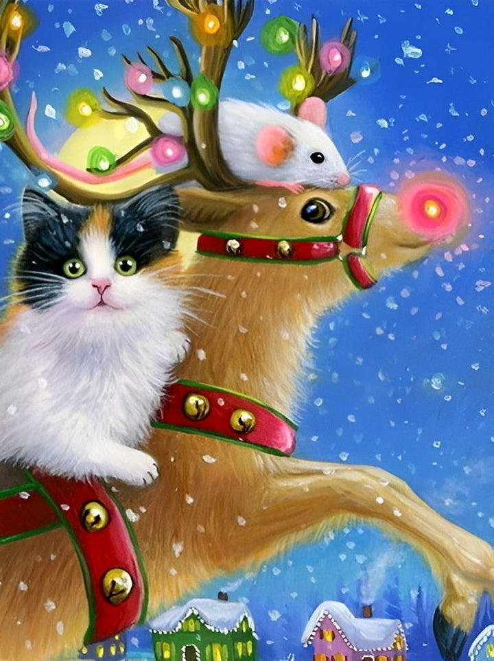 Kat, Muis op Rendier in Sneeuw Diamond Painting