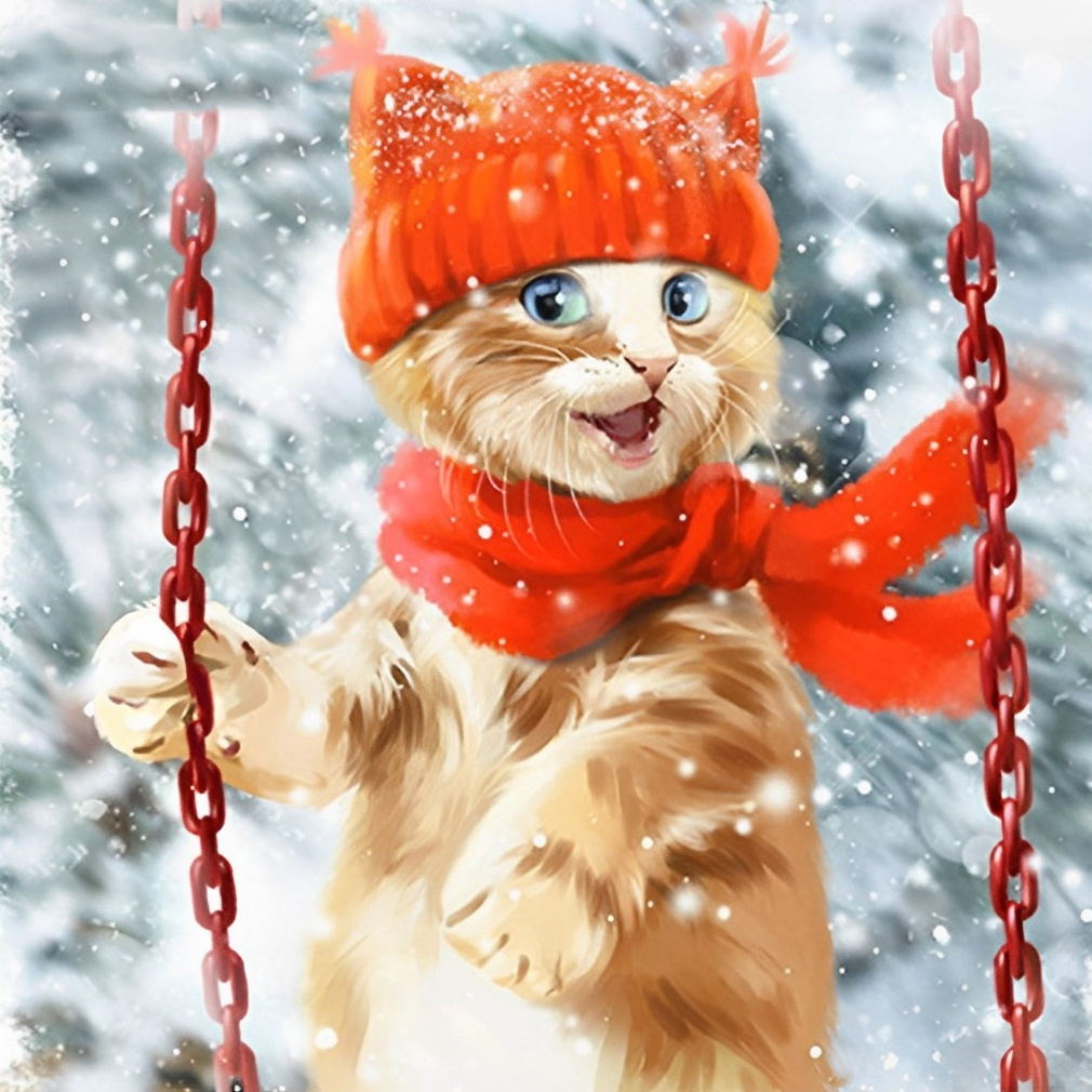 Kat op Schommel in Sneeuw Diamond Painting