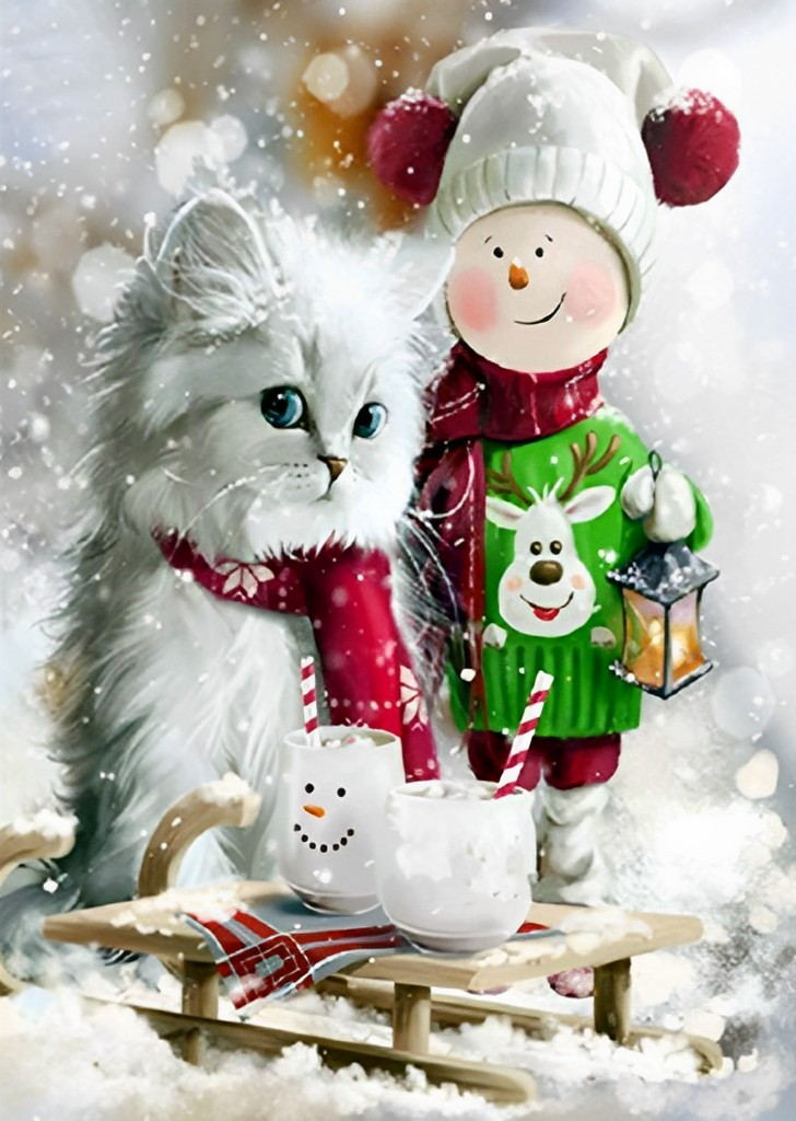 Kat, Sneeuwpop en Kerstmannetje Diamond Painting