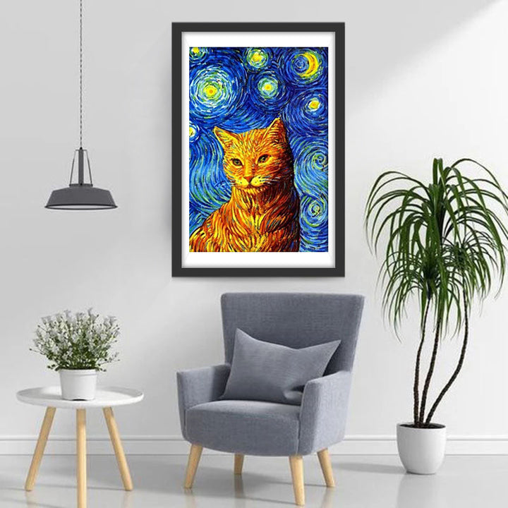 Kat van Van Gogh in Sterrennacht Stijl Diamond Painting