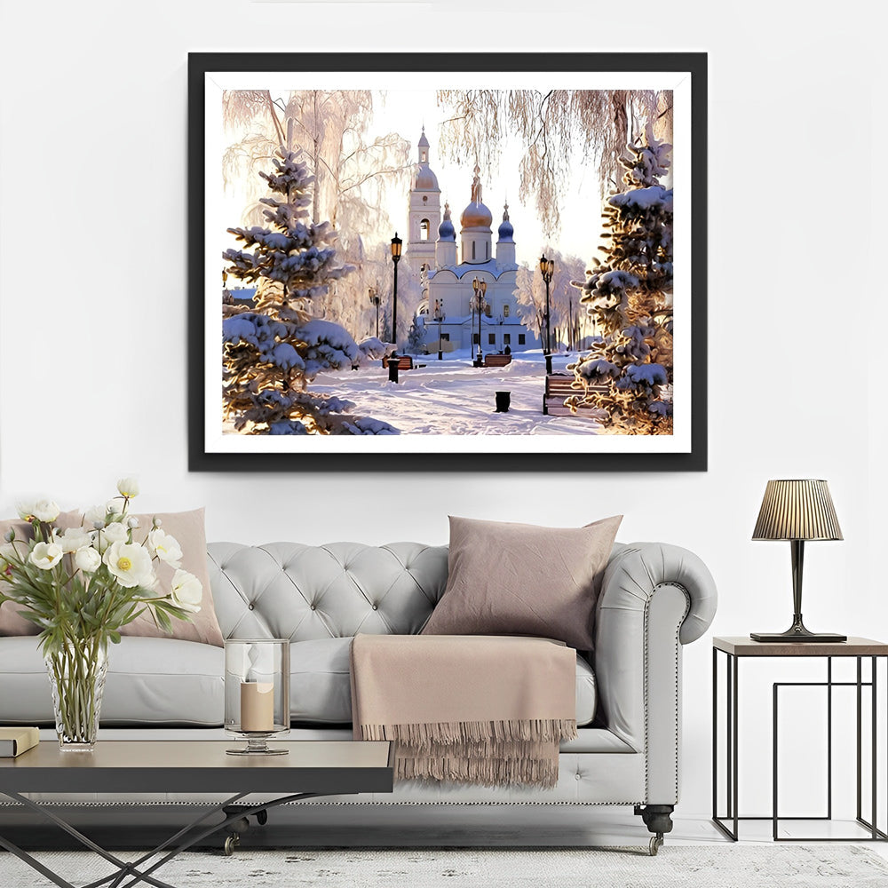 Kerkgebouw Omringd door Sneeuw en IJs in de Gouden Ochtendlicht Diamond Painting