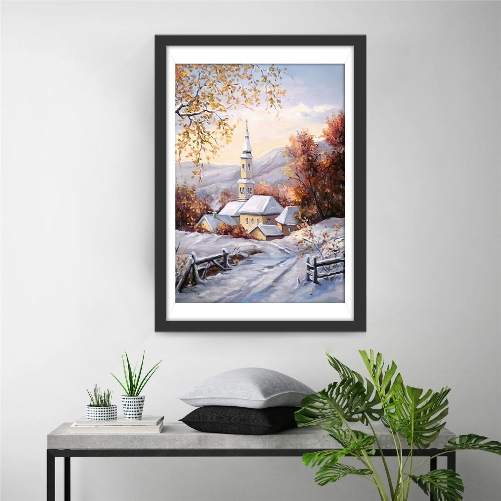 Kerktoren onder Goudgele Licht Diamond Painting