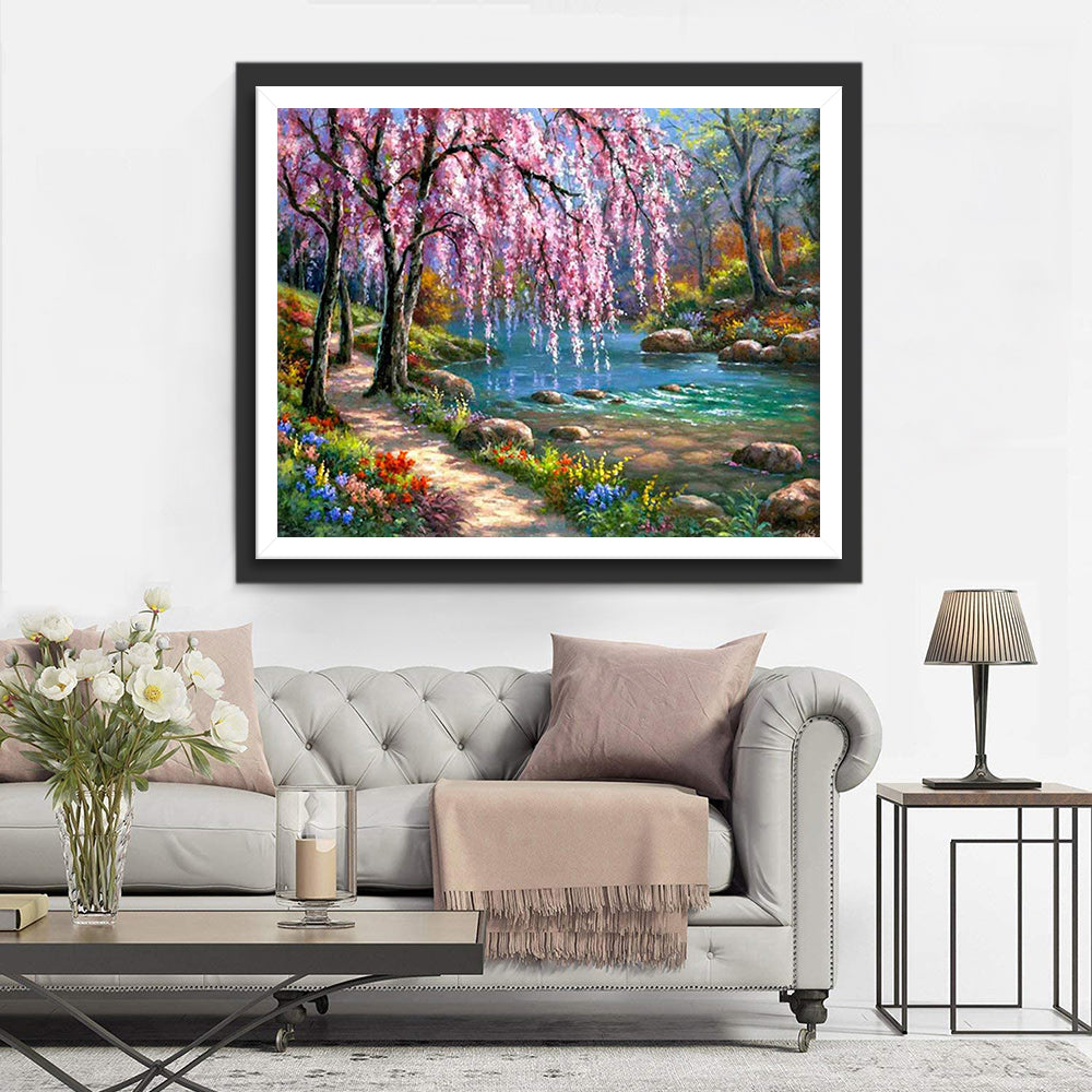 Kersenbloesems en de Heldere Beek Diamond Painting