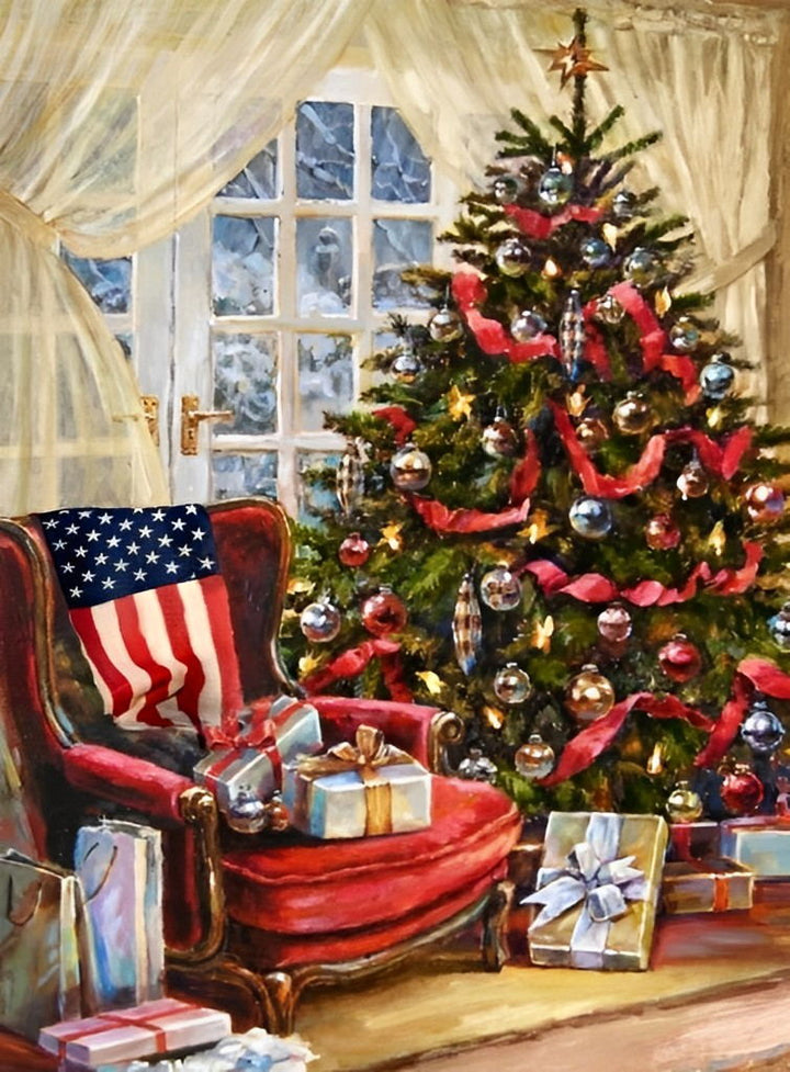 Kerstboom en Amerikaanse Vlagstoel Diamond Painting