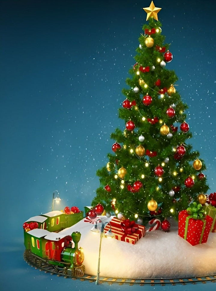 Kerstboom, Lichtjes, Ster, Geschenken en Kersttrein Diamond Painting