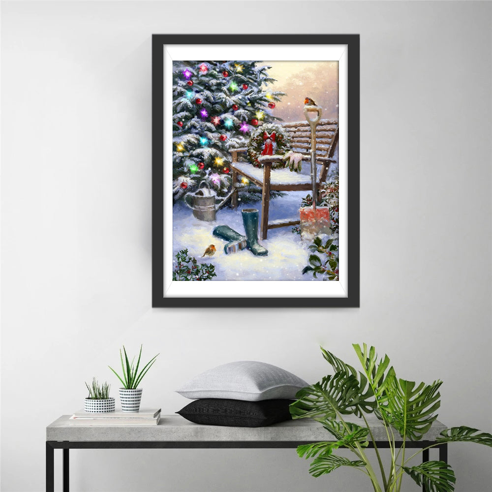 Kerstboom, Vogel, Stoel, Laarzen en Sneeuw Diamond Painting