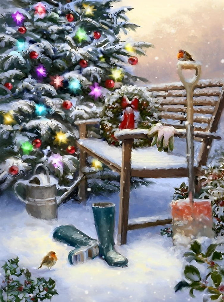 Kerstboom, Vogel, Stoel, Laarzen en Sneeuw Diamond Painting