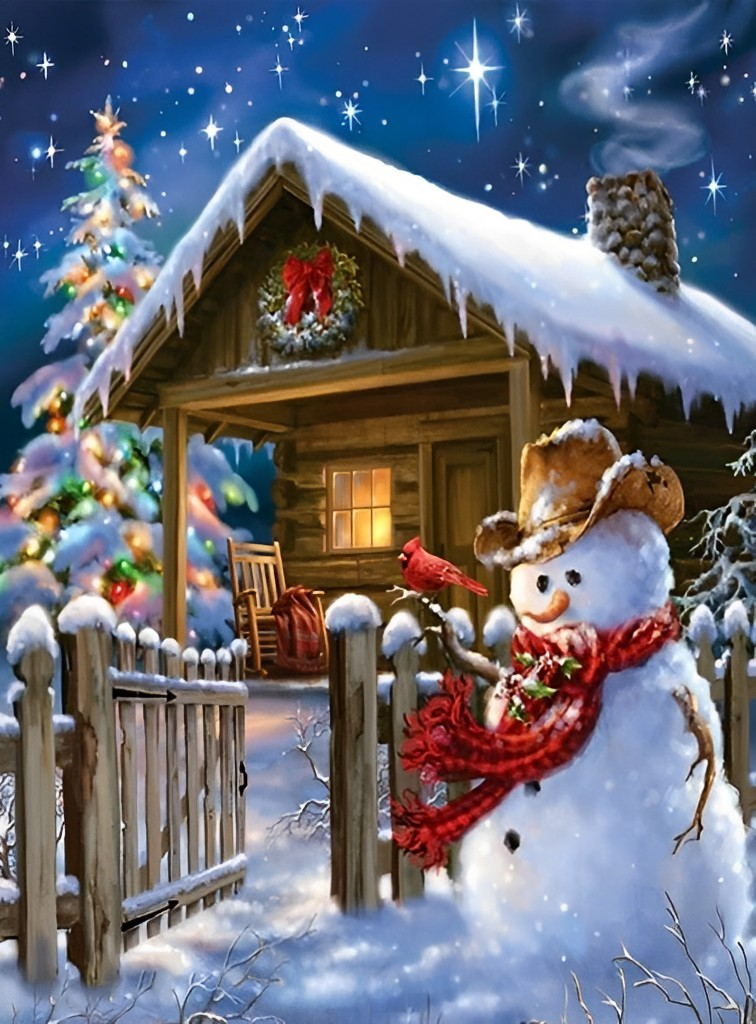 Kersthuisje en Sneeuwpop Diamond Painting