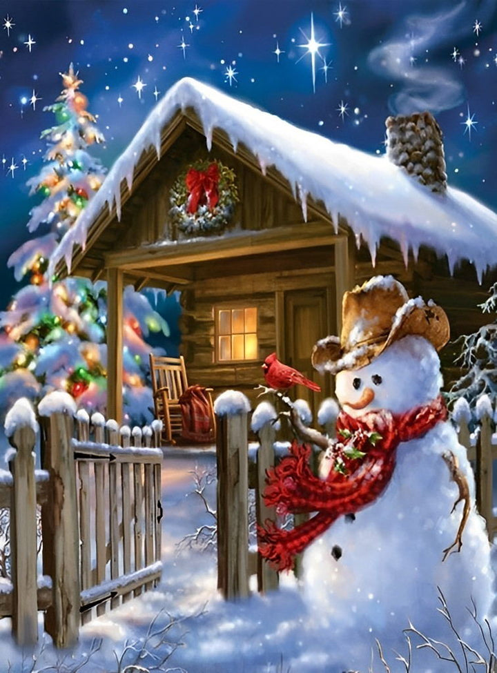 Kersthuisje en Sneeuwpop Diamond Painting