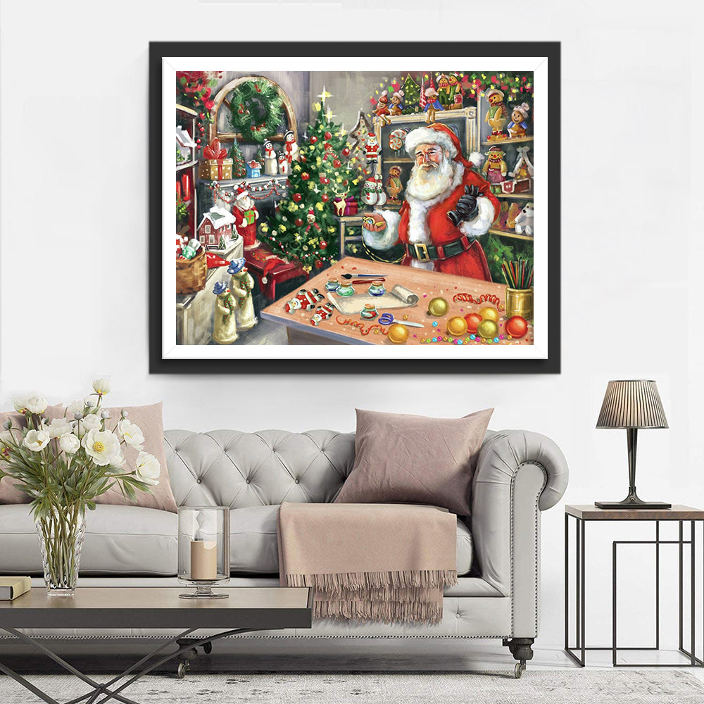 Kerstman Bezig in Kerstversierde Ruimte Diamond Painting