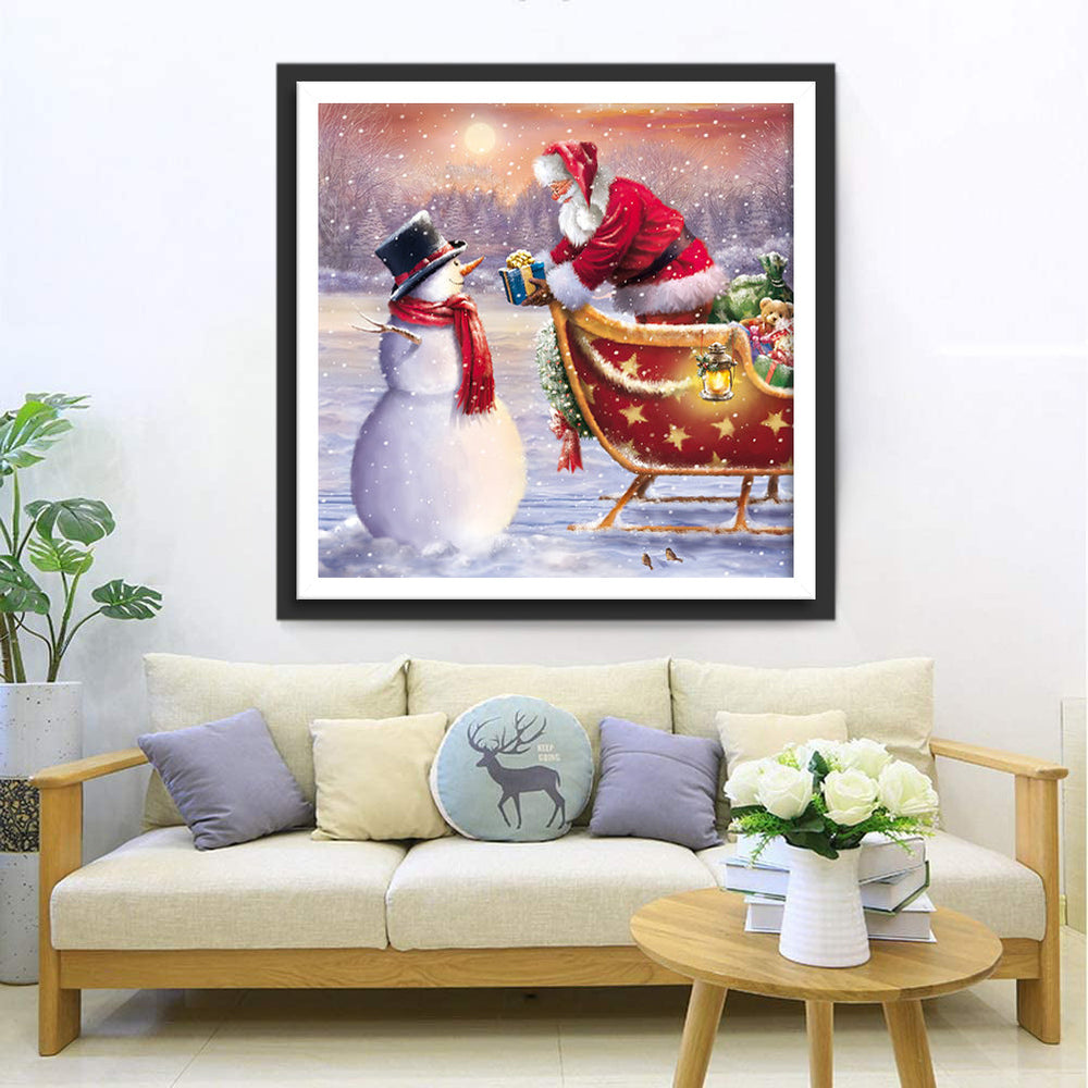 Kerstman bij Sneeuwpop in Slee Diamond Painting