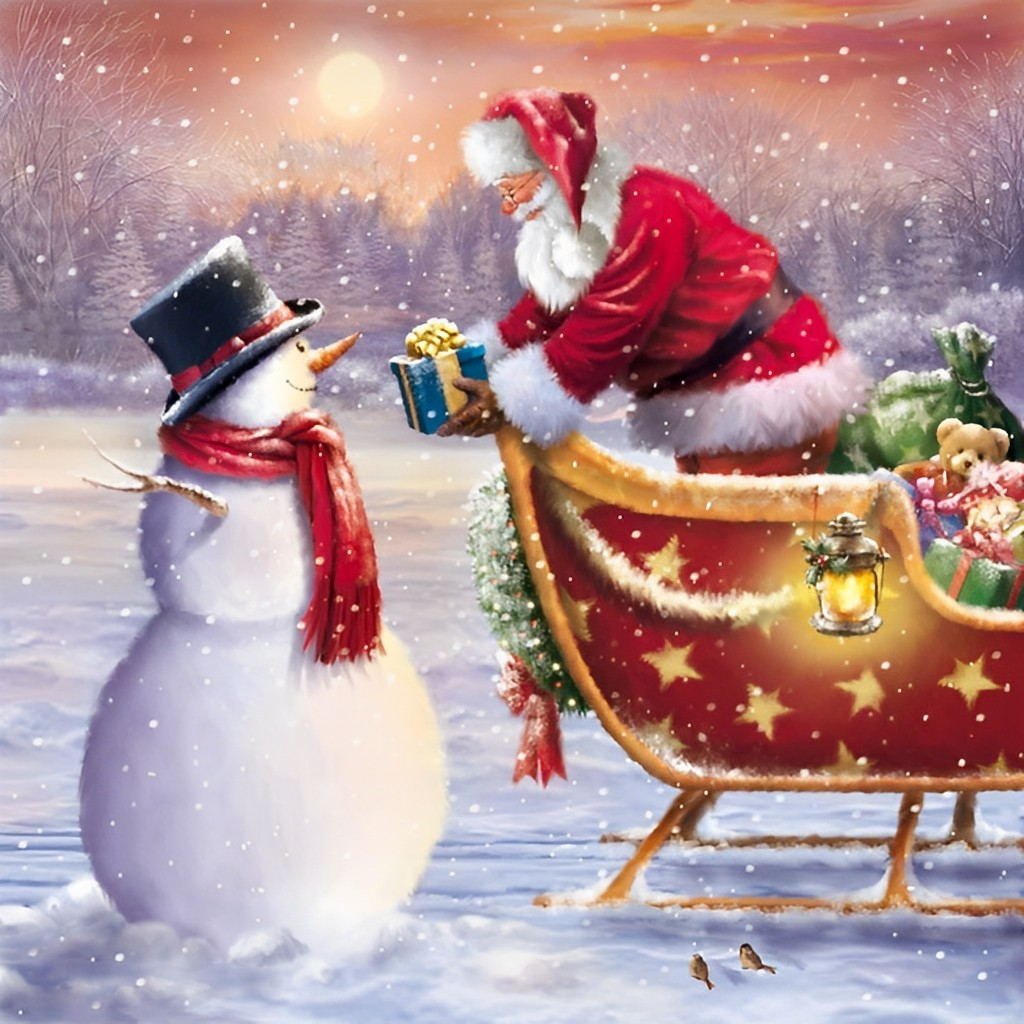 Kerstman bij Sneeuwpop in Slee Diamond Painting