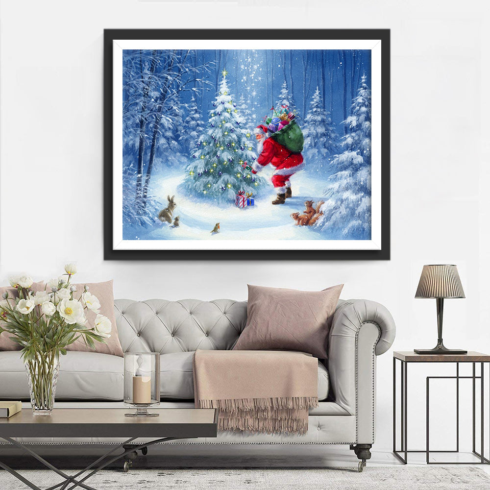 Kerstman bij Verlichte Boom in Sneeuwbos Diamond Painting