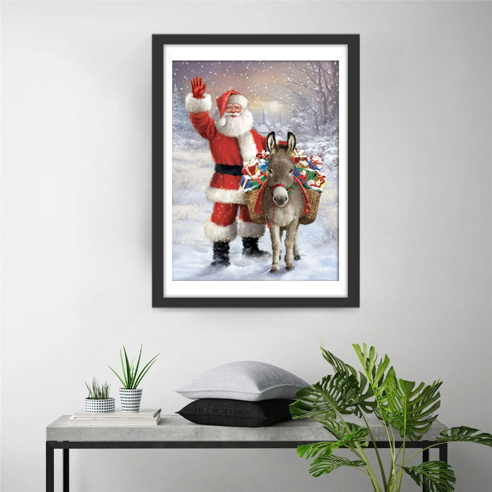 Kerstman en Ezel met Geschenken in de Sneeuw Diamond Painting