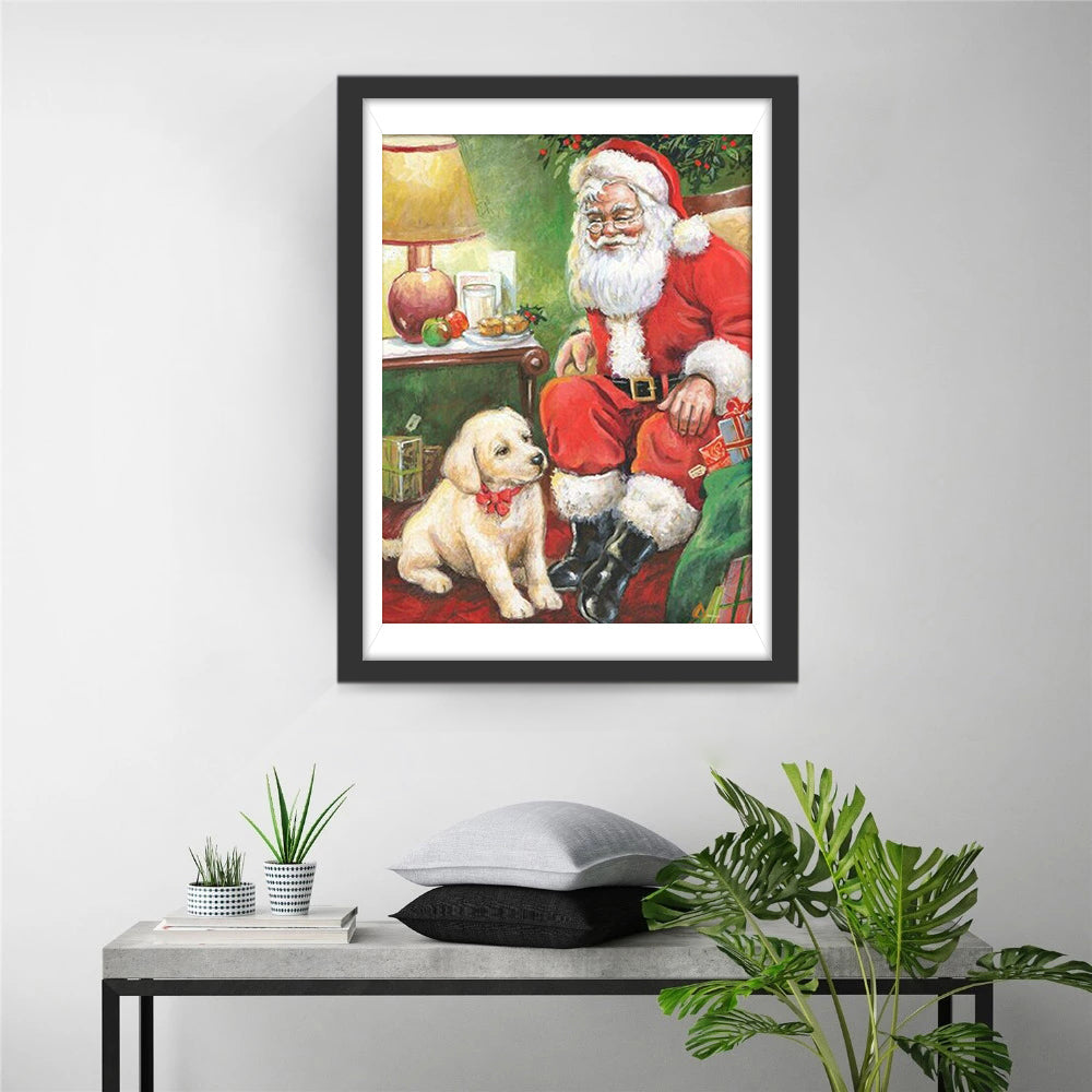 Kerstman en Geel Hondje in Kamer Diamond Painting