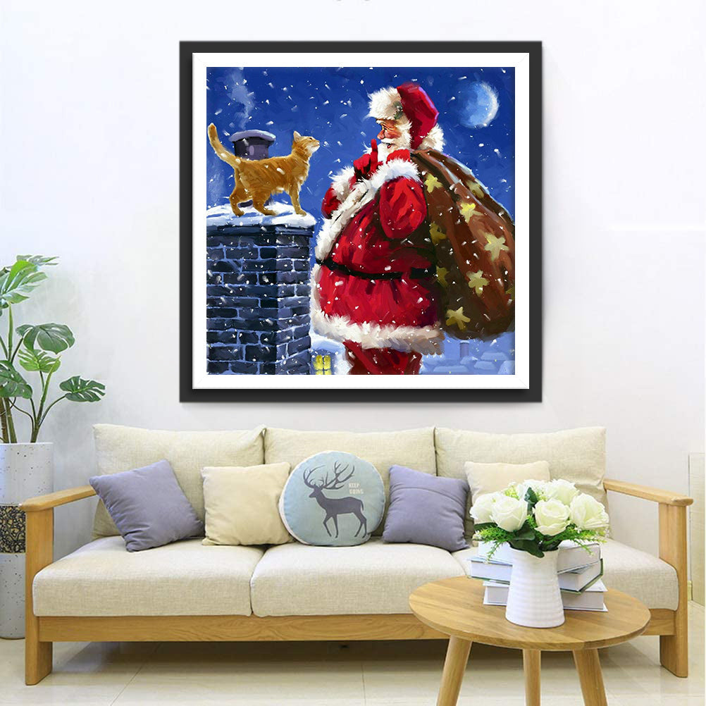Kerstman en Kat op Sneeuwdak Diamond Painting