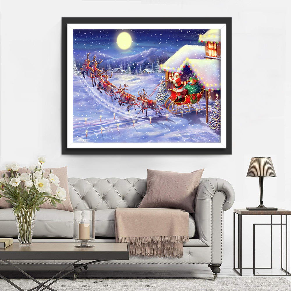 Kerstman en Rendierslee onder Volle Maan Diamond Painting