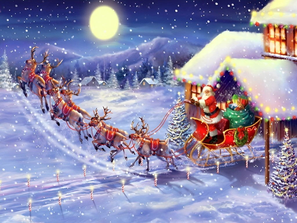 Kerstman en Rendierslee onder Volle Maan Diamond Painting