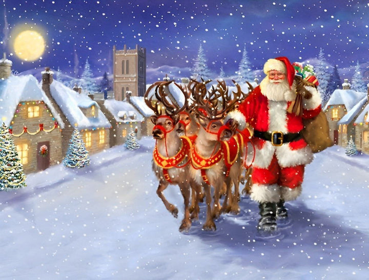 Kerstman en Rendierspan in Sneeuwbuurt Diamond Painting