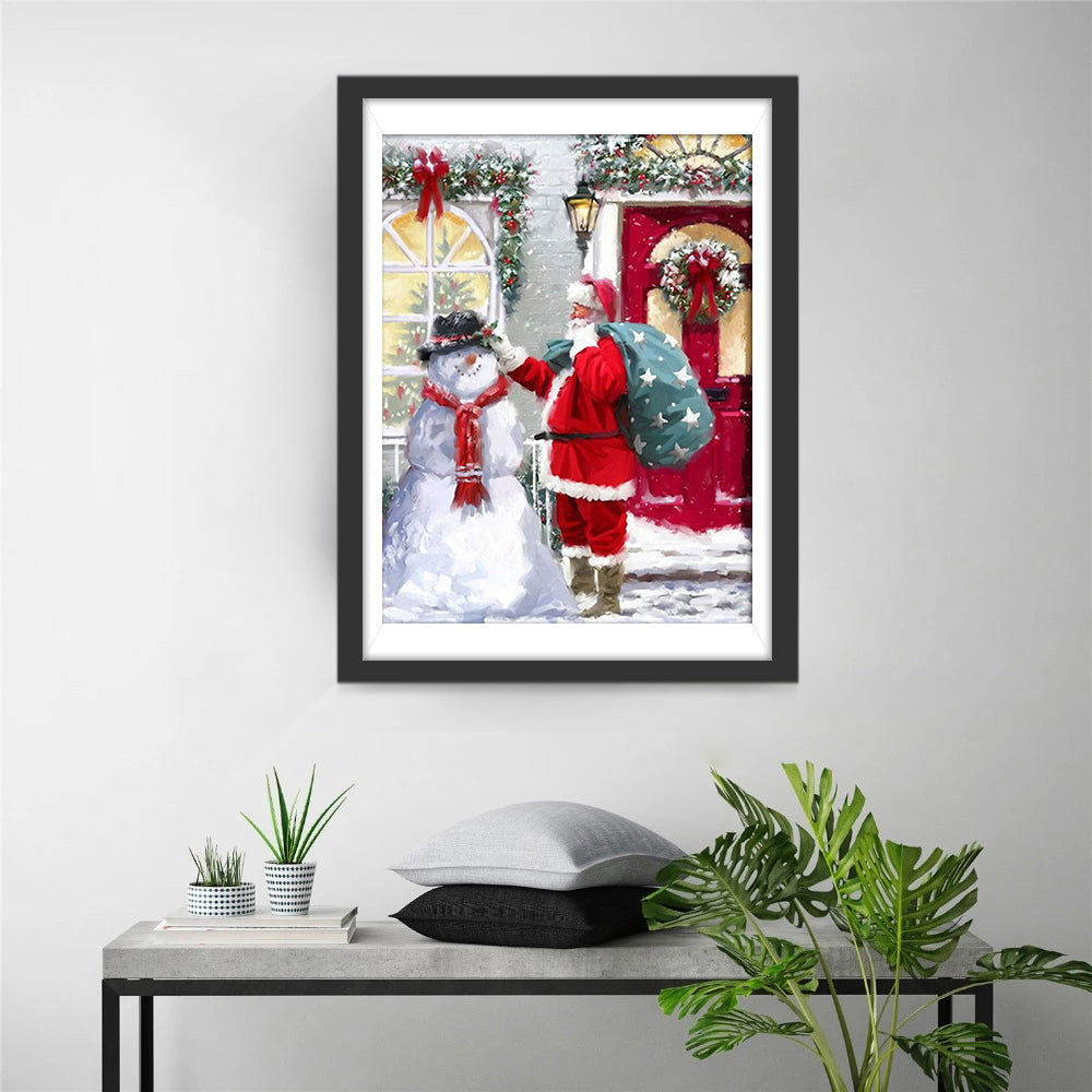 Kerstman en Sneeuwpop bij de Deur Diamond Painting