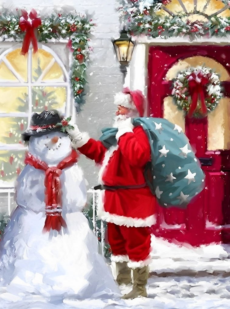 Kerstman en Sneeuwpop bij de Deur Diamond Painting
