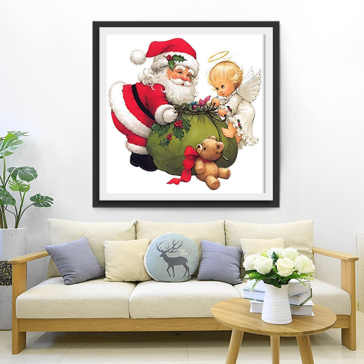 Kerstman, Engel en Teddybeer bij het Geschenk Diamond Painting