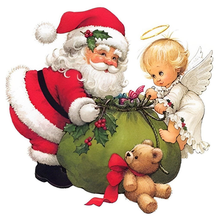 Kerstman, Engel en Teddybeer bij het Geschenk Diamond Painting