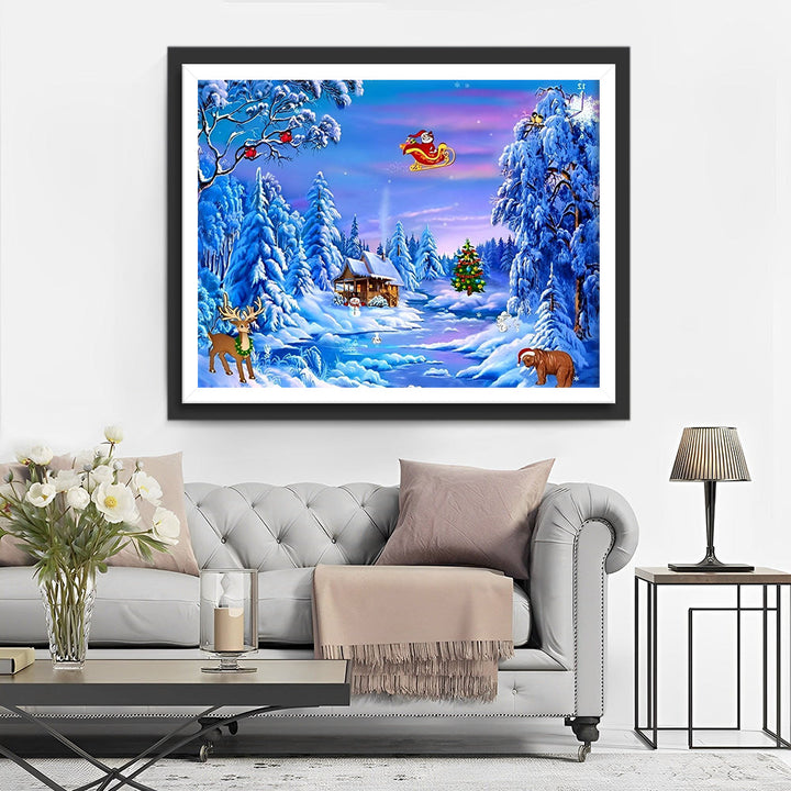Kerstman in Slee boven Besneeuwd Dorp Diamond Painting