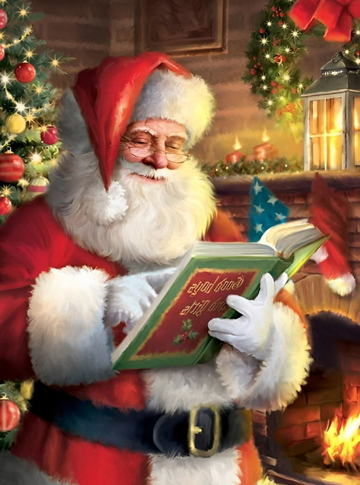 Kerstman Leest Boek bij Haardvuur Diamond Painting