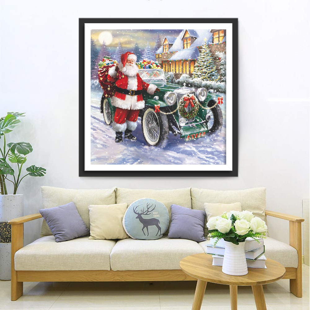 Kerstman met Auto en Cadeaus Diamond Painting