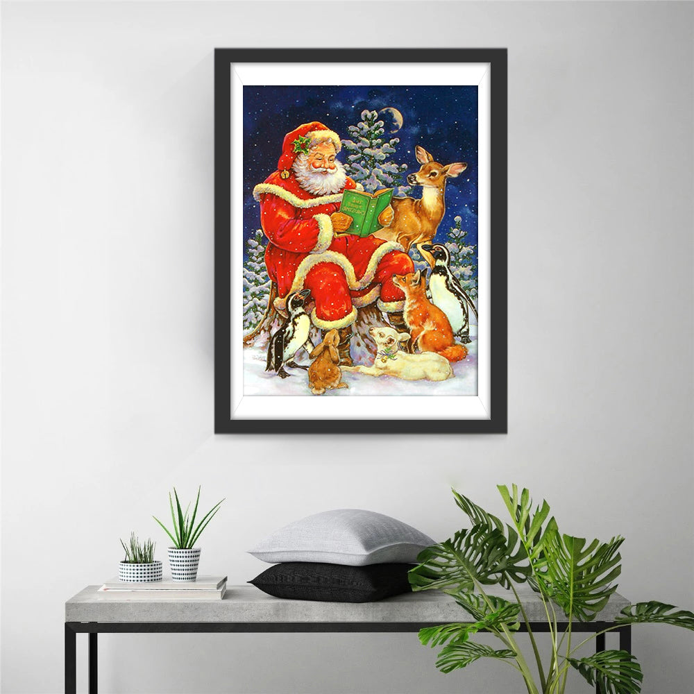 Kerstman met Dieren en Boek in Winterse Nacht Diamond Painting