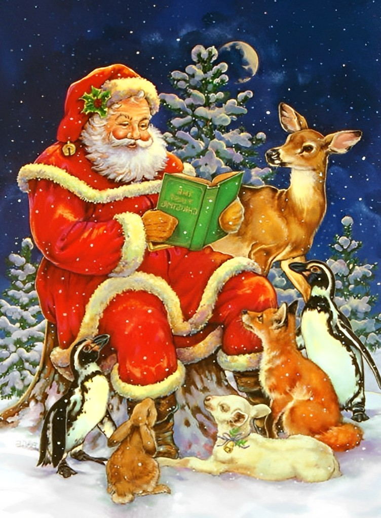 Kerstman met Dieren en Boek in Winterse Nacht Diamond Painting