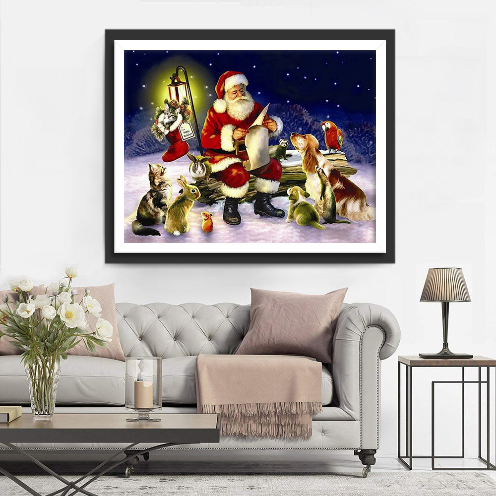 Kerstman met Dierenvrienden in Sterrennacht Diamond Painting