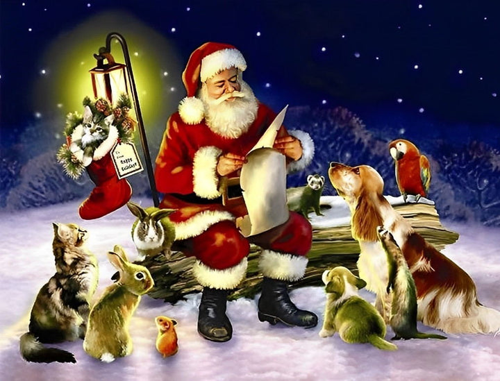 Kerstman met Dierenvrienden in Sterrennacht Diamond Painting