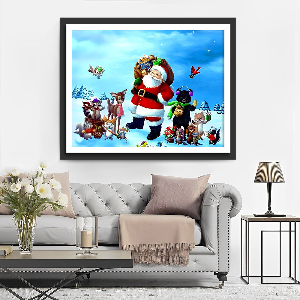 Kerstman met Gave-Tas omringd door Dierenvrienden Diamond Painting