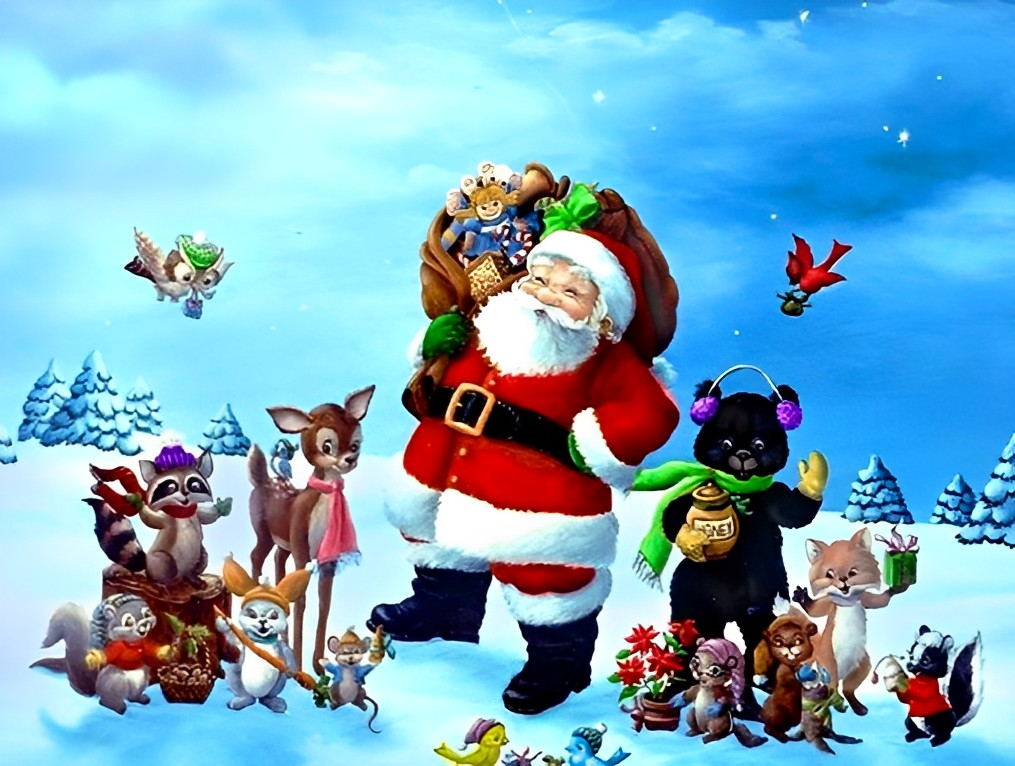 Kerstman met Gave-Tas omringd door Dierenvrienden Diamond Painting