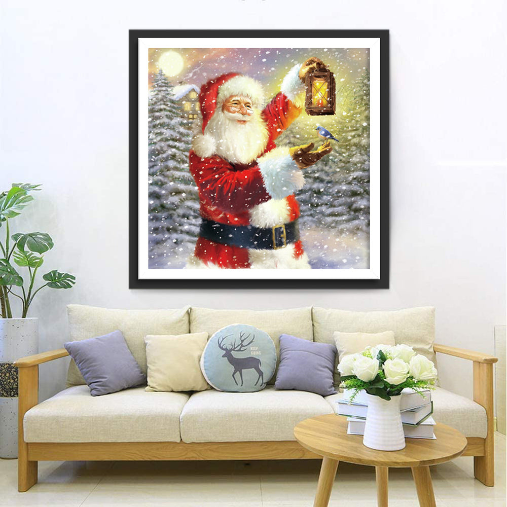 Kerstman met Lantaarn in een Magische Sneeuwlandschap Diamond Painting