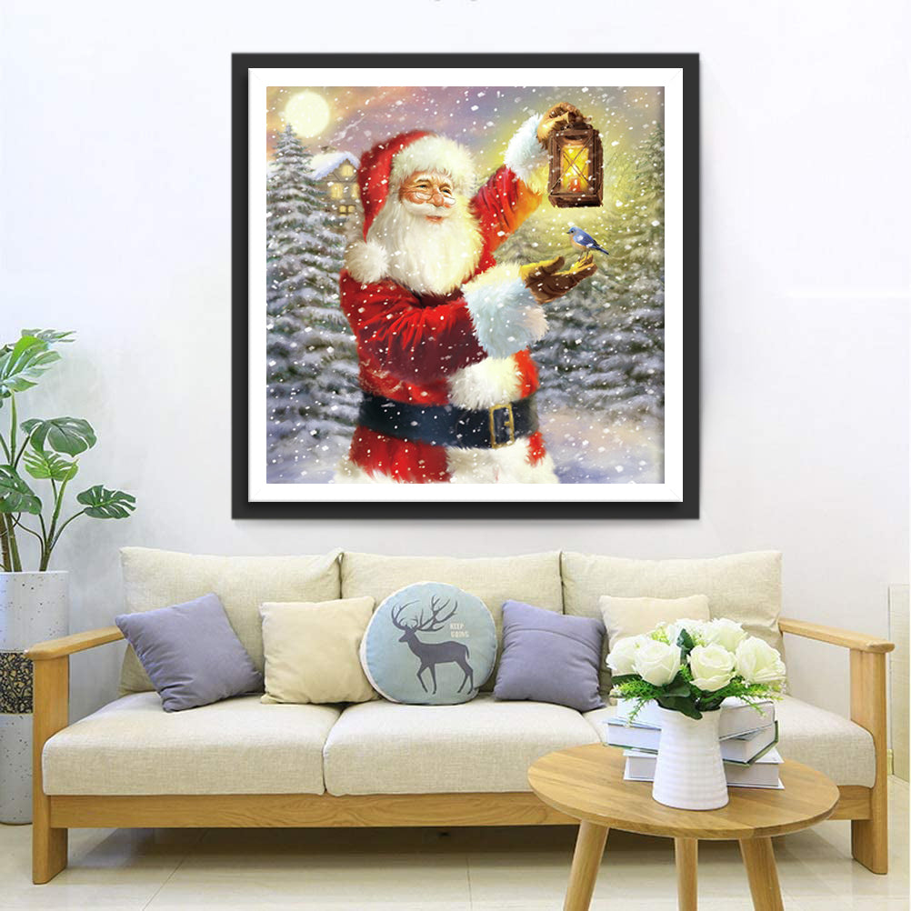 Kerstman met Lantaarn in een Magische Sneeuwlandschap Diamond Painting