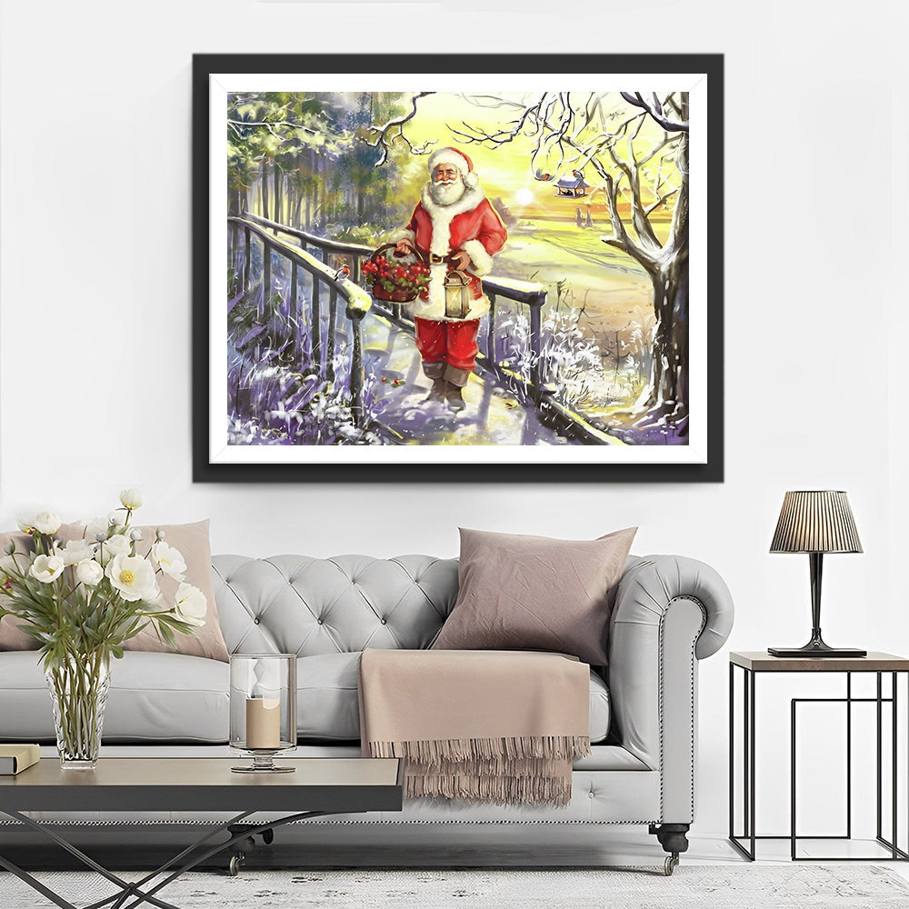 Kerstman met Mand en Lantaarn op Wandelpad Diamond Painting