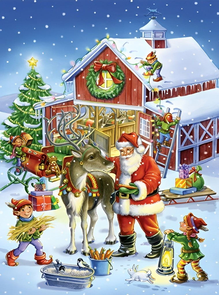 Kerstman met Rendier bij Kerstversierde Schuur Diamond Painting