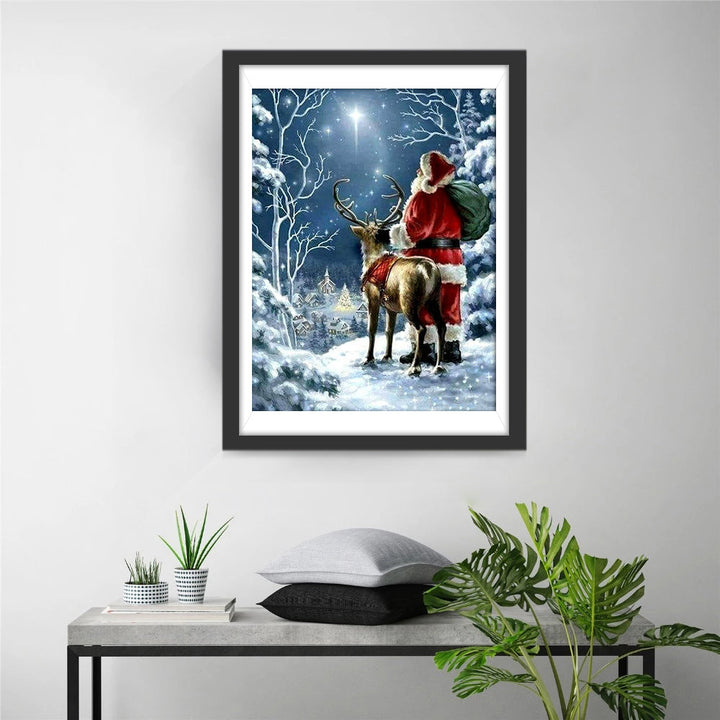 Kerstman met Rendier in Sneeuwlandschap onder Sterren Diamond Painting