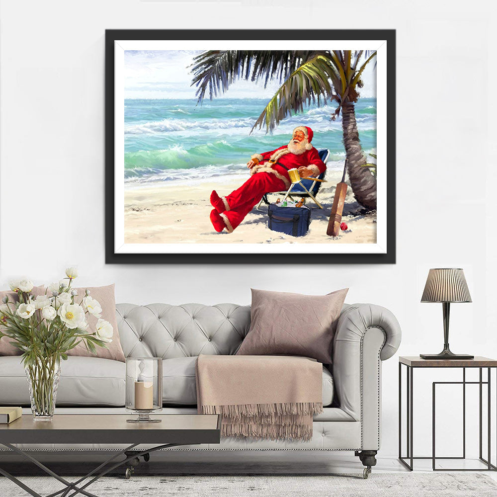 Kerstman Ontspant Zich onder Palmboom aan de Kust Diamond Painting