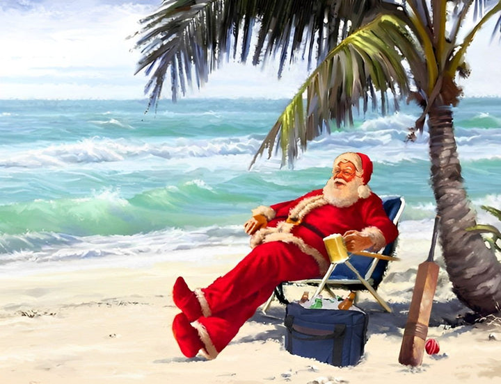 Kerstman Ontspant Zich onder Palmboom aan de Kust Diamond Painting