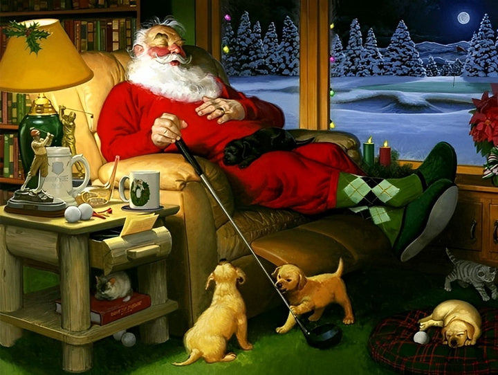 Kerstman op Fauteuil met Honden Diamond Painting