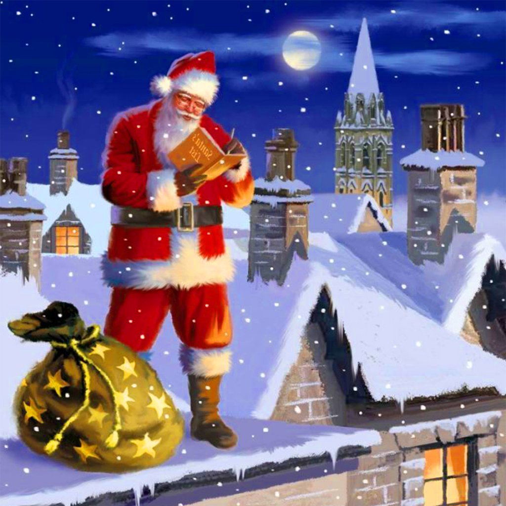 Kerstman op het Sneeuwwitte Dak in het Stadsgezicht Diamond Painting