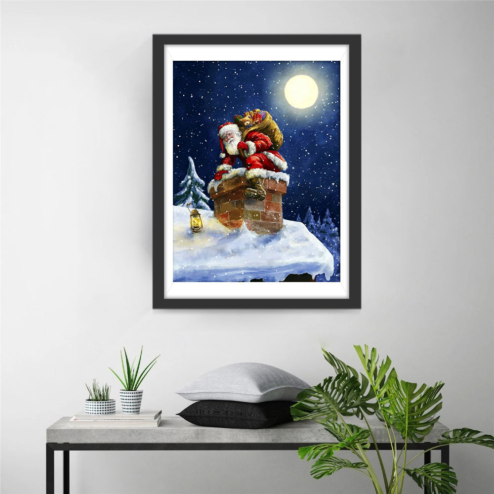 Kerstman op Schoorsteen bij Volle Maan en Sneeuw Diamond Painting