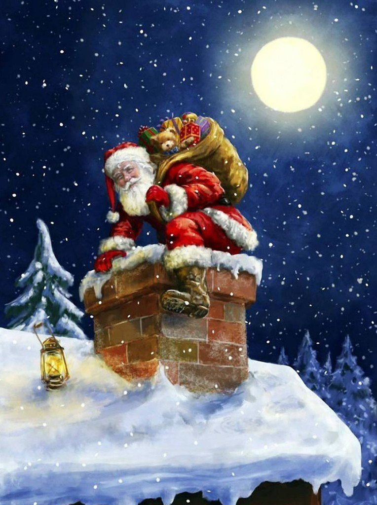 Kerstman op Schoorsteen bij Volle Maan en Sneeuw Diamond Painting