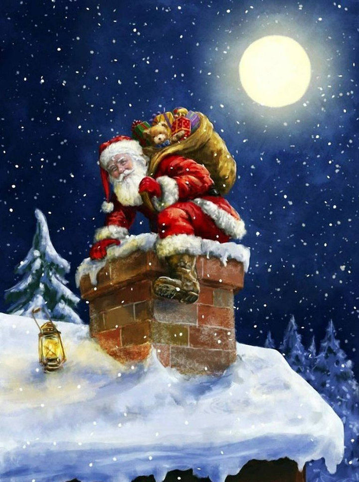 Kerstman op Schoorsteen bij Volle Maan en Sneeuw Diamond Painting